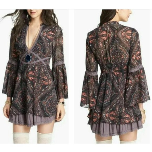 Free People Paisley Kimono Smocked Moonlight Bay Dress Mesh Belle Sleeve 2 Women - Picture 1 of 15